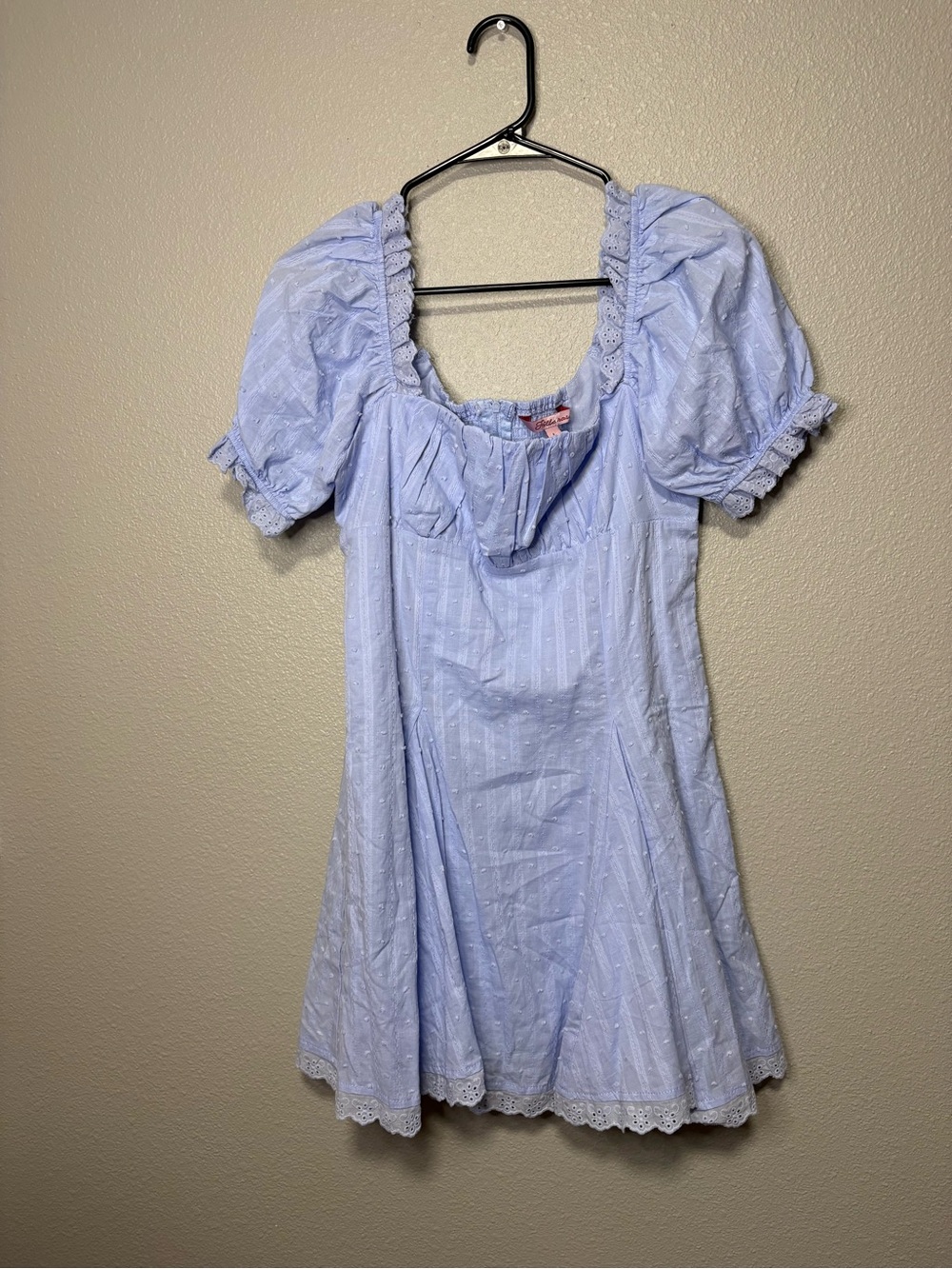 Frille Rose Swiss Dot Puff Sleeve Mini Dress Light Blue Cottagecore Womens Large